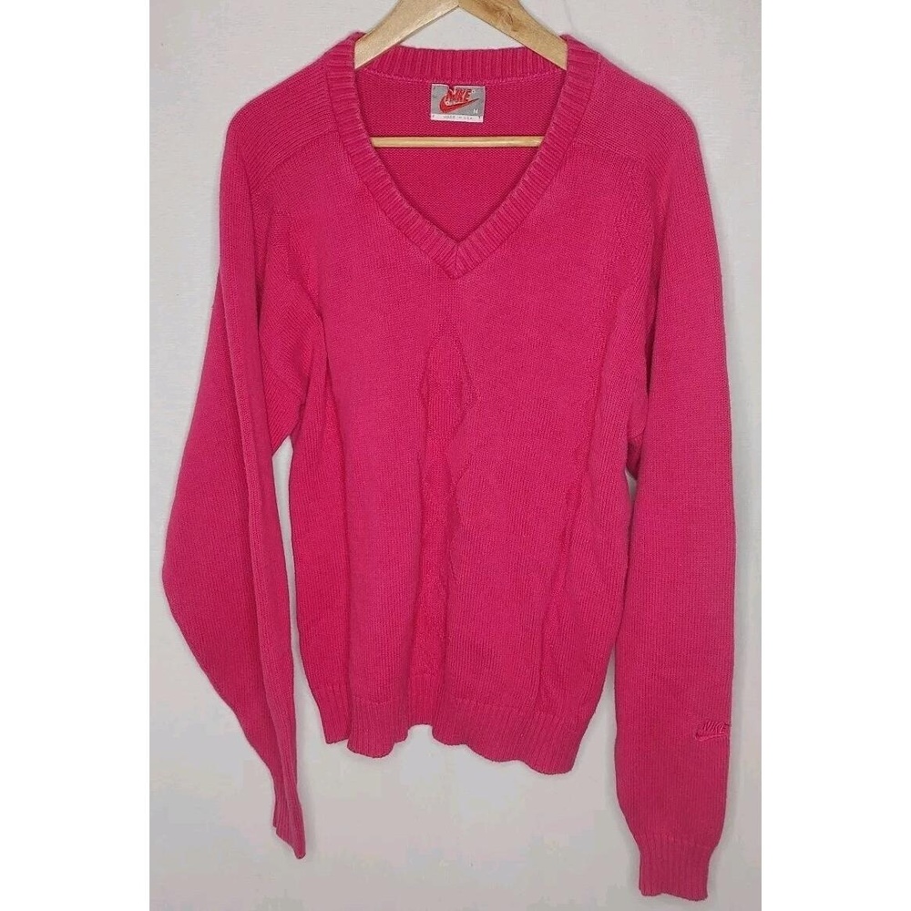 Nike Vintage Sweater Men's M Pink 80s V-Neck Pullover Knit Red Label Size Medium
